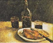 Vincent Van Gogh Still life with bottle, two glasses, cheese and bread France oil painting artist